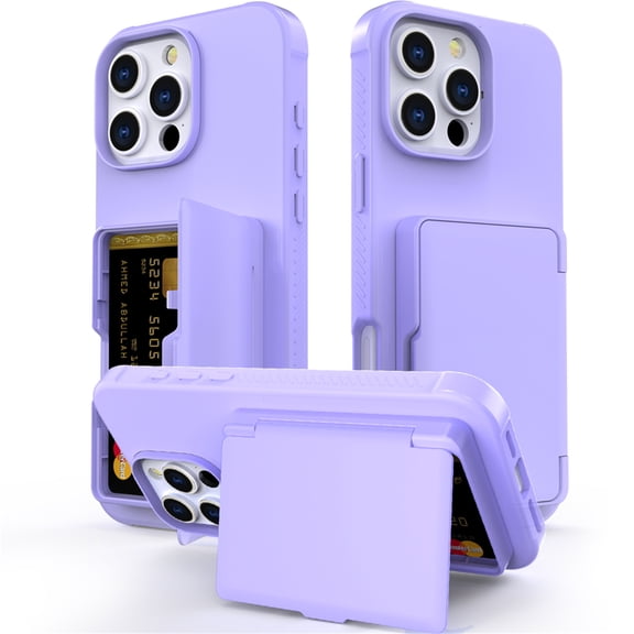 TECH CIRCLE for iPhone 16 Pro (2024 Release) 6.3" Rugged Plastic Case with Built-in Card Holder Slot (Up to 5 Cards), Built-in Makeup Mirror, Lightweight Shockproof Wallet Phone Cover, Purple