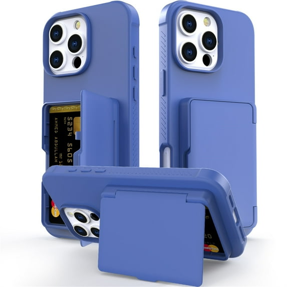 TECH CIRCLE for iPhone 16 Pro (2024 Release) 6.3" Rugged Plastic Case with Built-in Card Holder Slot (Up to 5 Cards), Built-in Makeup Mirror, Lightweight Shockproof Wallet Phone Cover, Blue