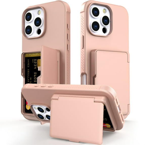 TECH CIRCLE for iPhone 16 Pro (2024 Release) 6.3" Rugged Plastic Case with Built-in Card Holder Slot (Up to 5 Cards), Built-in Makeup Mirror, Lightweight Shockproof Wallet Phone Cover, Rosegold