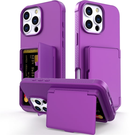 TECH CIRCLE for iPhone 16 Pro (2024 Release) 6.3" Rugged Plastic Case with Built-in Card Holder Slot (Up to 5 Cards), Built-in Makeup Mirror, Lightweight Shockproof Wallet Phone Cover, Darkpurple