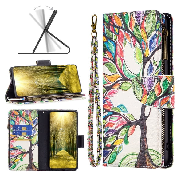 TECH CIRCLE iPhone 16 Pro 2024 Wallet Case,Premium PU Leather Zipper Card Slot Wrist Strap Magnetic Closure Kickstand Carrying Pouch Protective Case for Apple iPhone 16 Pro 6.3", Tree