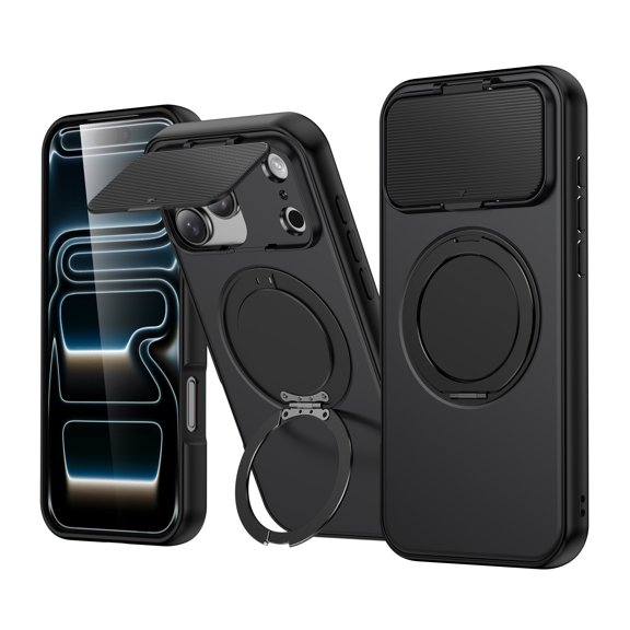 TECH CIRCLE for iPhone 16 Pro Case, Built-in Camera Cover / Rotating Ring Holder Kickstand, Compatible with MagSafe Charger and Magnetic Accessories, Protective Slim Phone Cover, Black
