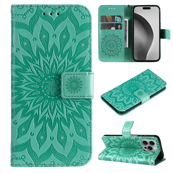 TECH CIRCLE for iPhone 16 Pro Max Case 6.9" 2024, PU Leather Flip Wallet Case with Stand Function, Built-in Card Slots & Cash Pocket, Lightweight Protective Slim Cute Flower Cover with Lanyard, Green