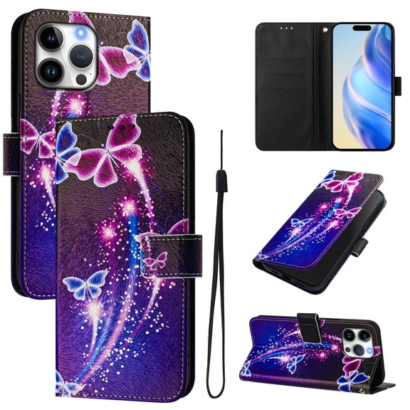 TECH CIRCLE for iPhone 16 Pro Max Case (6.9", 2024 Release), Cute Cartoon Flip Wallet Case with Wrist Strap, Built-in Card/Cash Slots, PU Leather Protective Fold Stand Phone Case, Purple Butterfly