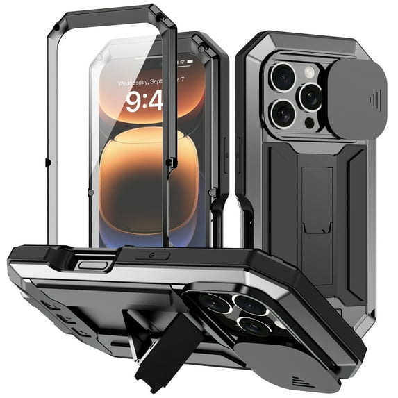 TECH CIRCLE for iPhone 16 Pro Max Case,Heavy Duty Military Grade Dropproof Protective Case with Screen Protector Kickstand Rugged Shockproof Bumper Slide Camera Protector Cover,Black