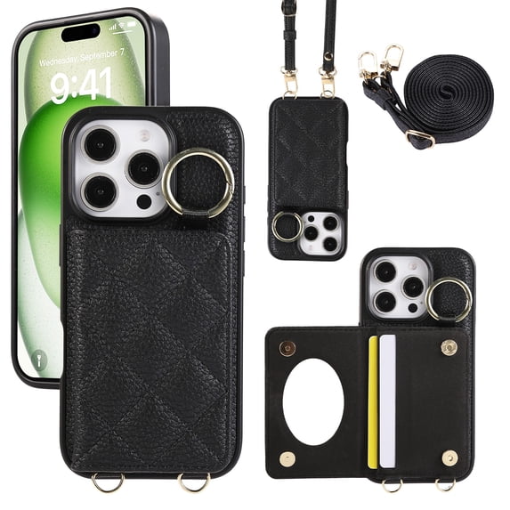 TECH CIRCLE for iPhone 16 Pro Max Case, Quilted PU Leather Double Magnetic Clasp Shockproof Cover with Card Holder Shoulder Strap Mirror Ring Stand Flip Wallet Case for iPhone 16 Pro Max 6.9",Black