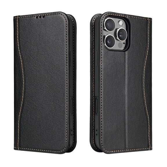 TECH CIRCLE for iPhone 16 Pro Max Classic Wallet Case, Genuine Leather Magnetic Closure Book Folding Flip Leather Case with Card Holder Kickstand TPU Shockproof Protective Phone Cover,Black