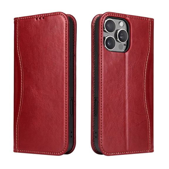 TECH CIRCLE for iPhone 16 Pro Max Classic Wallet Case, Genuine Leather Magnetic Closure Book Folding Flip Leather Case with Card Holder Kickstand TPU Shockproof Protective Phone Cover,Red