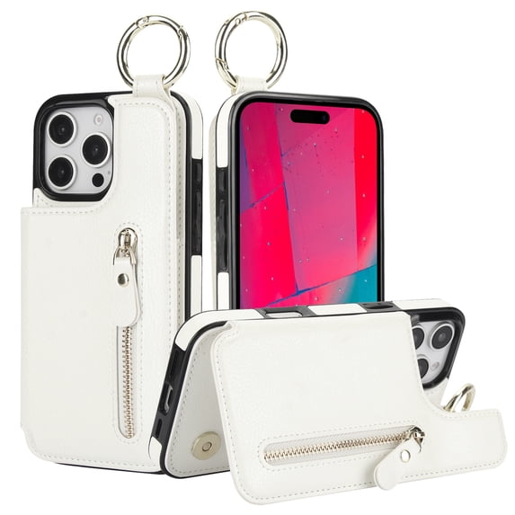TECH CIRCLE for iPhone 16 Pro Max Zipper Pocket Case with Card Holder & Finger Ring, PU Leather Wallet Case Card Slot Magnetic Closure Kickstand Shockproof Protective Women Men Cover,White