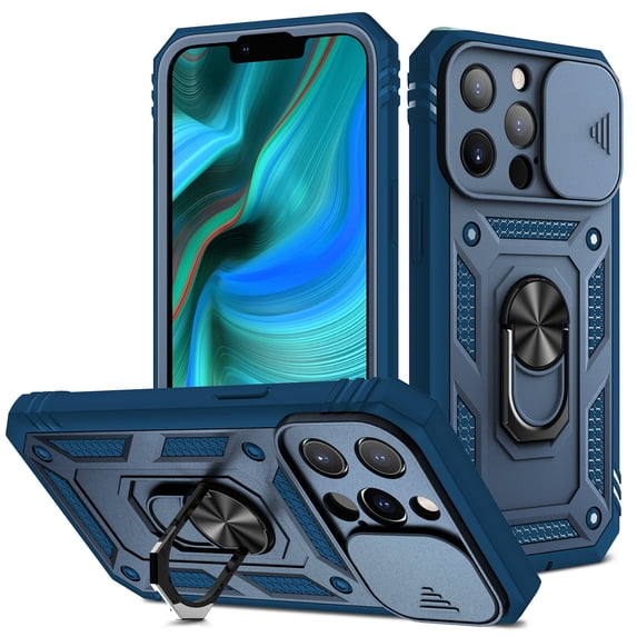 TECH CIRCLE for iPhone 16 Protective Case, Slim Heavy Duty Rugged Hybird Shockproof Anti-Slip Magnetic Ring Stand Slide Len Protective Card Slot Case for iPhone 16 6.1 inch 2024,Blue