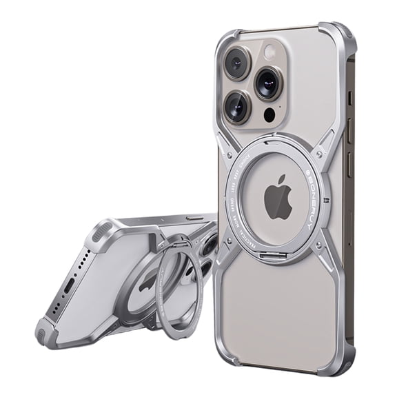 TECH CIRCLE For iPhone 16 Rugged Metal Frameless Case with 360 Rotating Ring Kickstand, Military Grade Shockproof, Anti-Scratch, Lightweight Protective Cover, Heat Dissipation,Silver