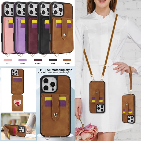 TECH CIRCLE for iPhone 16 Wallet Case 6.1" 2024 Release, PU Leather Back Cover Case with Stand Function, Built-in Card Slots & Mirror, Portable Lightweight Case with Shoulder Strap & Lanyard, Brown