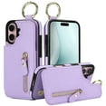 thumbnail image 1 of TECH CIRCLE for iPhone 16 Zipper Pocket Case with Card Holder & Finger Ring, PU Leather Wallet Case Card Slot Magnetic Closure Kickstand Shockproof Protective Women Men Cover,Purple, 1 of 8