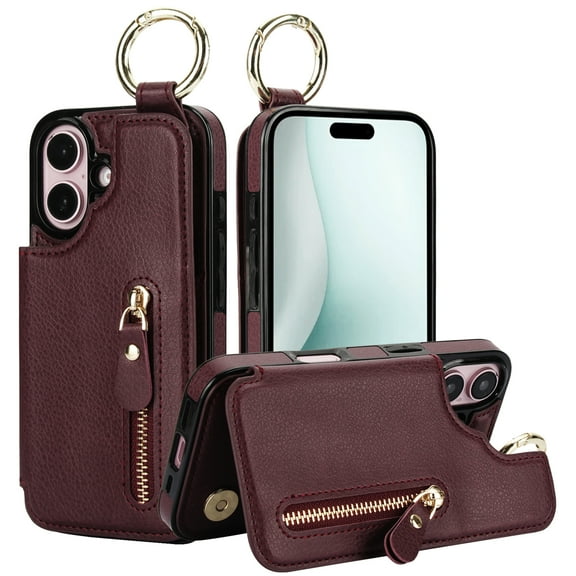 TECH CIRCLE for iPhone 16 Zipper Pocket Case with Card Holder & Finger Ring, PU Leather Wallet Case Card Slot Magnetic Closure Kickstand Shockproof Protective Women Men Cover,Jujubered