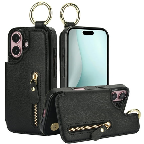 TECH CIRCLE for iPhone 16 Zipper Pocket Case with Card Holder & Finger Ring, PU Leather Wallet Case Card Slot Magnetic Closure Kickstand Shockproof Protective Women Men Cover,Black