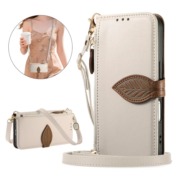 TECH CIRCLE  For iPhone 16e Magnetic Flip PU Leather Wallet Case Cover With Strap Cash Slot Zipper Credit Card Slot Shockproof PC+TPU Lanyard Anti-Scratch Cover for Women Girls,White