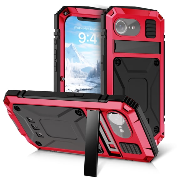 TECH CIRCLE for iPhone 16e Metal Rugged TPU Case with Kickstand Built-in Screen Protector Camera Cover Sturdy Military Armor Durable Full Body Heavy Duty Shockproof  Waterproof,Red