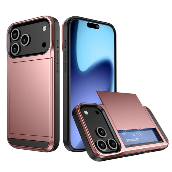 TECH CIRCLE for iPhone 17 2-Card Holder Wallet Case, Shockproof Rubber & PC Dual Layer Heavy Duty Anti-Scratch Bumper Hidden Pocket Sliding ID Slot Slim Cover for Women Men,Rosegold