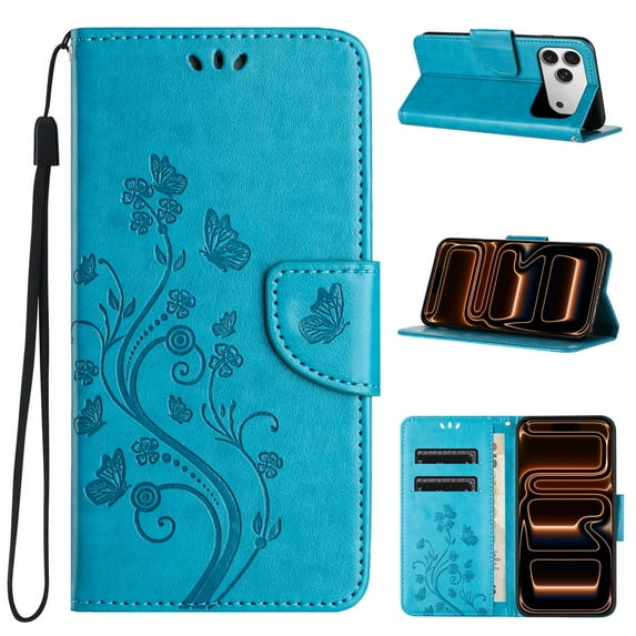 TECH CIRCLE For iPhone 17 (6.3", 2025) Flip Wallet Phone Case with Wrist Strap, Includes 2 Card Slots and 1 Cash Pocket, Stylish Embossed Butterfly/Flower PU Leather Protective Case, Blue