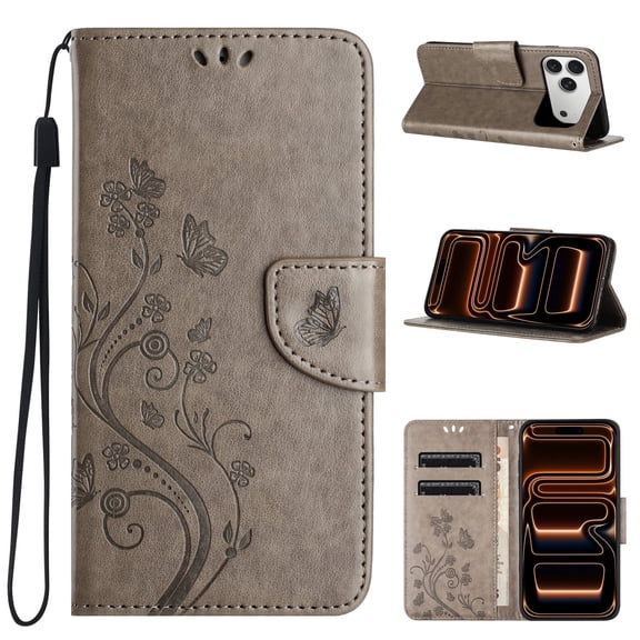 TECH CIRCLE For iPhone 17 (6.3", 2025) Flip Wallet Phone Case with Wrist Strap, Includes 2 Card Slots and 1 Cash Pocket, Stylish Embossed Butterfly/Flower PU Leather Protective Case, Gray