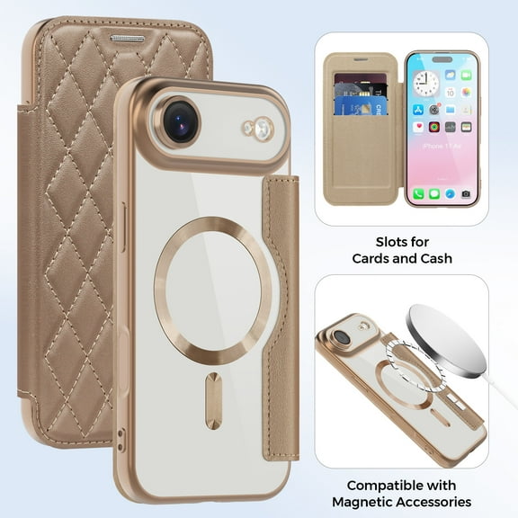 TECH CIRCLE for iPhone 17 Air Flip Wallet Case 6.5" 2025, Magnetic Clear Back, Compatible with MagSafe, 3 Card Slots, RFID Blocking, Camera Lens Protector, PU Leather Protective Cover, Desertgold