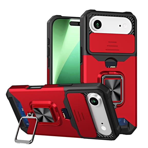 TECH CIRCLE for iPhone 17 Air Hybrid Rugged Case with Slide Camera Cover, Military Drop Protection Cover with Ring Stand & Card Holder, Shockproof Magnetic Drop Protective Cover,Red