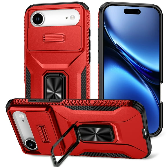 TECH CIRCLE for iPhone 17 Air TPU+PC Hybrid Armor Case [Slide Camera Cover][Built-in Ring Holder Kickstand] Military Grade Full Body Shockproof Rugged Dual-Layer Protective,Red