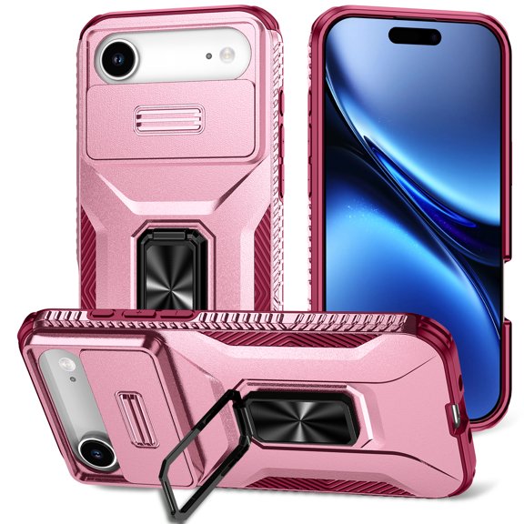 TECH CIRCLE for iPhone 17 Air TPU+PC Hybrid Armor Case [Slide Camera Cover][Built-in Ring Holder Kickstand] Military Grade Full Body Shockproof Rugged Dual-Layer Protective,Pink