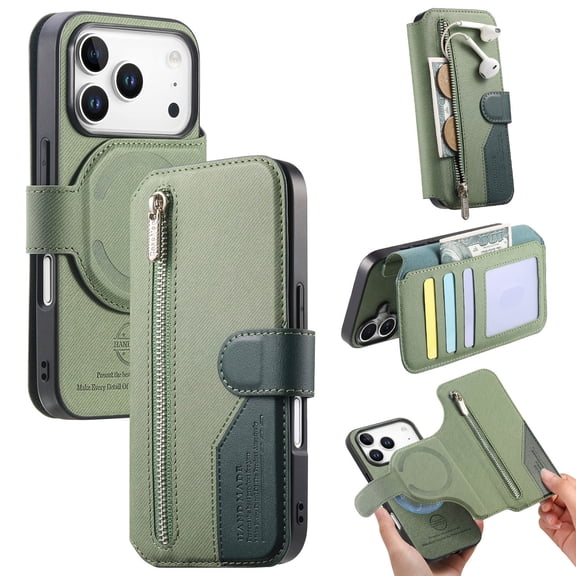 TECH CIRCLE For iPhone 17 Case, 2-in-1 Detachable Magnetic Flip Wallet Case with Card Slots/Zipper Pocket, RFID Blocking PU Leather Flip Cover, Compatible with MagSafe, Protective Case, Green