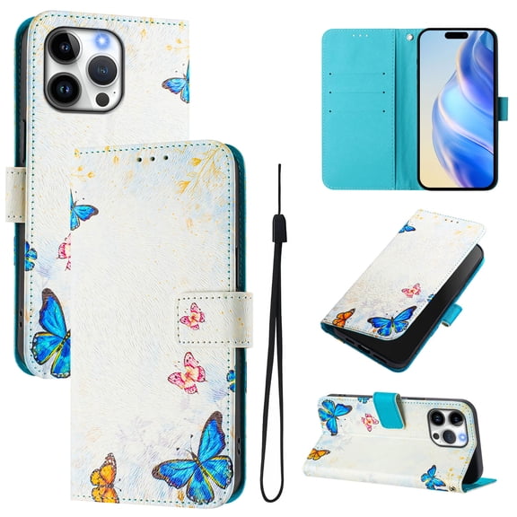 TECH CIRCLE for iPhone 17 Case (6.3", 2025 Release), Cute Cartoon Flip Wallet Case with Wrist Strap, Built-in Card/Cash Slots, PU Leather Protective Fold Stand Phone Case, Butterflies