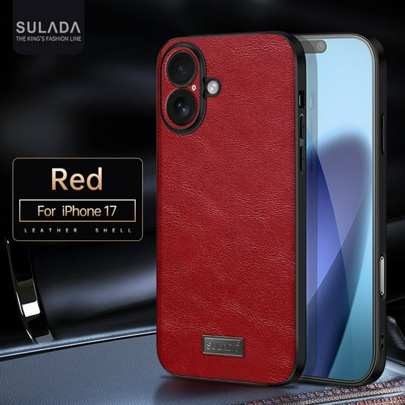 TECH CIRCLE for iPhone 17 Hybrid Case, Premium PU Leather Soft TPU Bumper Hard PC Vintage Shockproof Lightweight Protective Cover, Soft Non-Slip Grip Anti-Scratch Lens Protection,Red