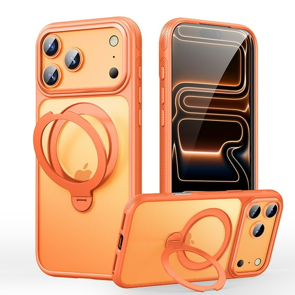 TECH CIRCLE For iPhone 17 PC+TPU Case, Magnetic Ring Kickstand, Slim Translucent Matte Shockproof, Anti-Scratch,Anti-Fingerprint Lightweight Non-Slip Wireless Charging Cover,Orange
