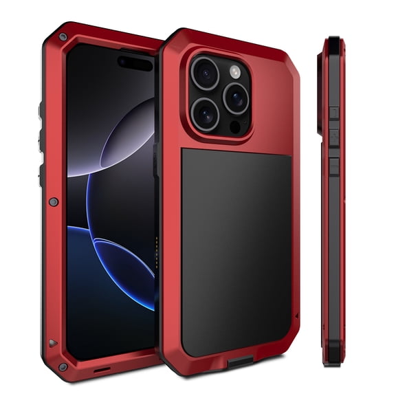 TECH CIRCLE for iPhone 17 PC+TPU Case, Metal Heavy Duty Shockproof Tough Rugged Aluminum Alloy Case with Glass Screen Protector,360 Full Body Water-Resistant Strong Protective Cover,Red