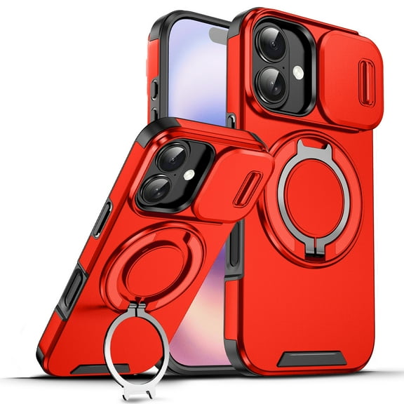 TECH CIRCLE for iPhone 17 PC+TPU Hybrid Case Cover, with 360° Rotating Ring Bracket/Magnetic Car Bracket/Matte Shockproof Protective, Compatible with MagSafe Slide Camera Lens Cover,Red