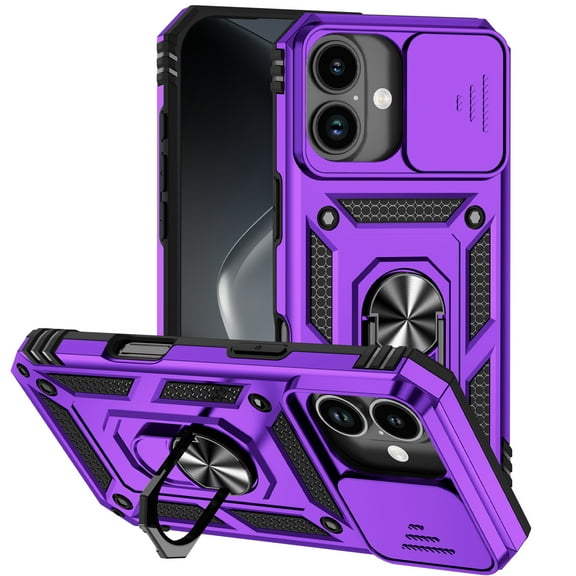 TECH CIRCLE for iPhone 17 PC+TPU Hybrid Case with Slide Camera Lens Cover, Military-Grade Magnetic Ring Car Mount Holder Kickstand Dual Layer Shockproof Protective Cover,Purple