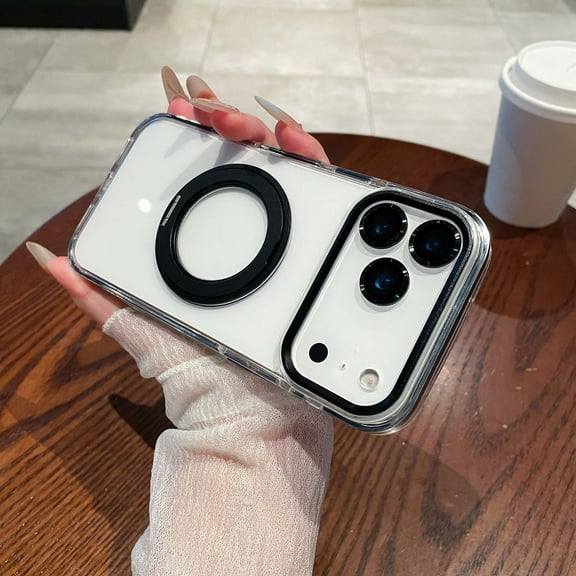 TECH CIRCLE for iPhone 17 PC+TPU Hybrid Case Solid Color Frame with Rotatable Metal Magnetic Ring Stand, Compatible with MagSafe, Non-Yellowing Clear Hard-Back Protective Kickstand,Black