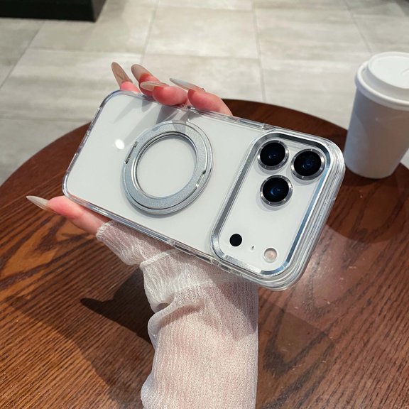 TECH CIRCLE for iPhone 17 PC+TPU Hybrid Case Solid Color Frame with Rotatable Metal Magnetic Ring Stand, Compatible with MagSafe, Non-Yellowing Clear Hard-Back Protective Kickstand,Silver