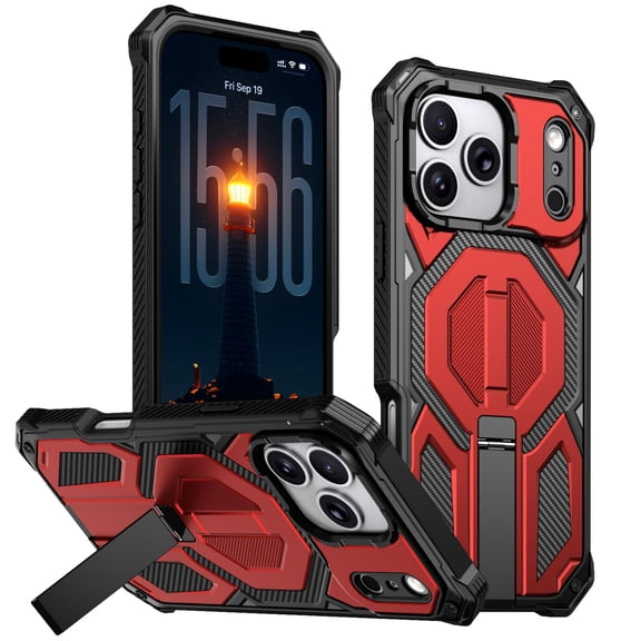 TECH CIRCLE For iPhone 17 PC+TPU Magnetic Case, Full Body Shock-Absorbent,Metal Invisible KickStand,Compatible with MagSafe Military Grade Heavy Duty Rugged Bumper Cover,Red