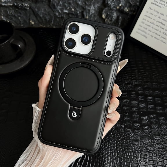 TECH CIRCLE for iPhone 17 Premium Real Leather+TPU Case with Metal Magnetic Folding Stand,Luxury Leather Invisible Stand Non-Slip Military-Grade Shockproof Full Cover,Black
