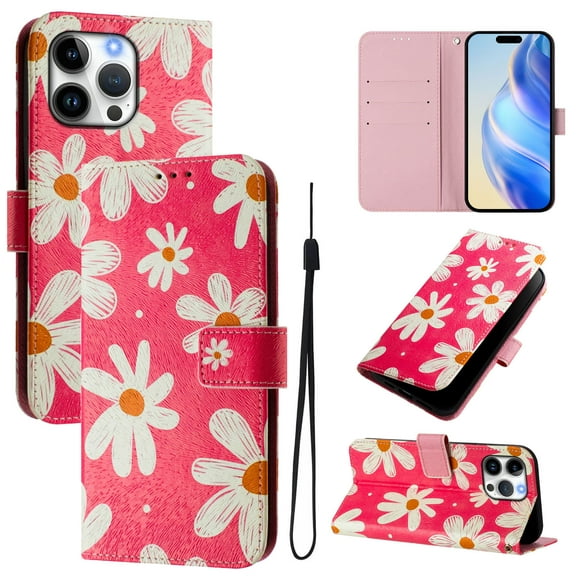 TECH CIRCLE for iPhone 17 Pro Case (6.3", 2025 Release), Cute Cartoon Flip Wallet Case with Wrist Strap, Built-in Card/Cash Slots, PU Leather Protective Fold Stand Phone Case, Red Daisy