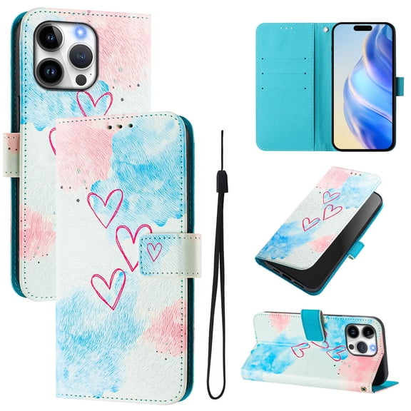 TECH CIRCLE for iPhone 17 Pro Case (6.3", 2025 Release), Cute Cartoon Flip Wallet Case with Wrist Strap, Built-in Card/Cash Slots, PU Leather Protective Fold Stand Phone Case, Red Hearts