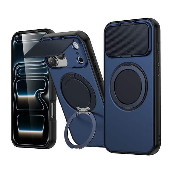 TECH CIRCLE for iPhone 17 Pro Case, Built-in Camera Cover / Rotating Ring Holder Kickstand, Compatible with MagSafe Charger and Magnetic Accessories, Protective Slim Phone Cover, Blue