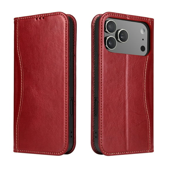 TECH CIRCLE for iPhone 17 Pro Classic Wallet Case, Genuine Leather Magnetic Closure Book Folding Flip Leather Case with Card Holder Kickstand TPU Shockproof Protective Phone Cover,Red