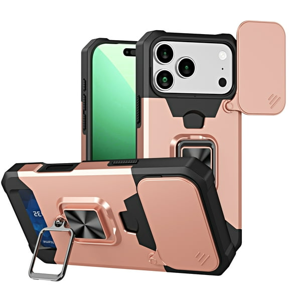TECH CIRCLE for iPhone 17 Pro Hybrid Rugged Case with Slide Camera Cover, Military Drop Protection Cover with Ring Stand & Card Holder, Shockproof Magnetic Drop Protective Cover,Rosegold