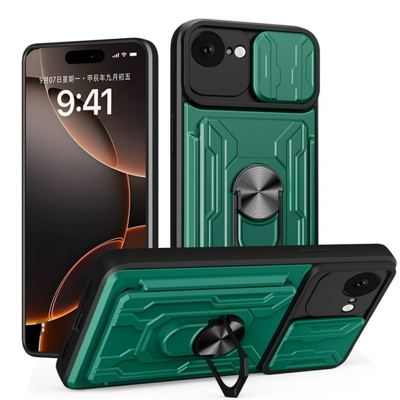 TECH CIRCLE for iPhone 17 Pro Kickstand PC+TPU Case with Sliding Camera Lens Cover and Card Holder, Magnetic Rotated Ring Stand Support Magnetic Car Mount Heavy Duty Rugged Shockproof,Green
