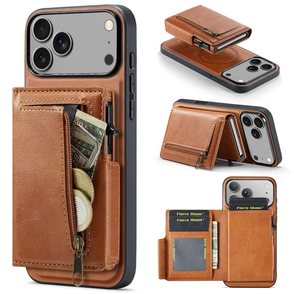 TECH CIRCLE For iPhone 17 Pro Magnetic MagSafe-Compatible PU Leather Back Cover Case with Removable Magnetic Phone Wallet, Multiple Card Slots, Zipper Pocket, Protective, Lightweight, Brown