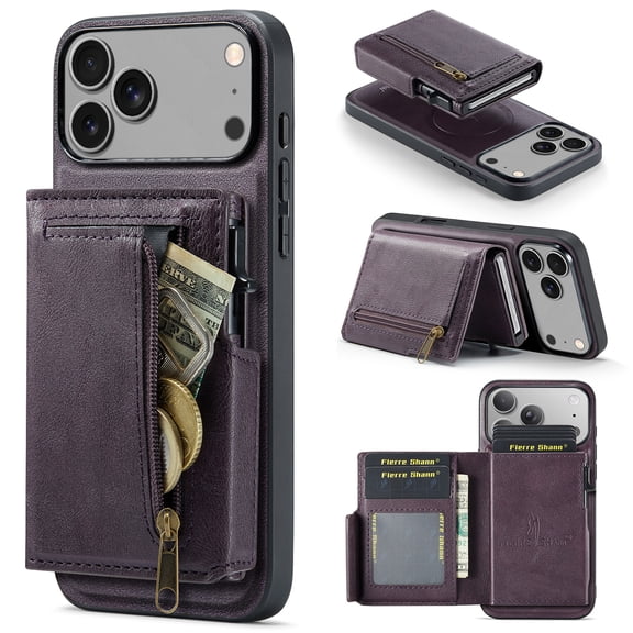 TECH CIRCLE For iPhone 17 Pro Magnetic MagSafe-Compatible PU Leather Back Cover Case with Removable Magnetic Phone Wallet, Multiple Card Slots, Zipper Pocket, Protective, Lightweight, Purple