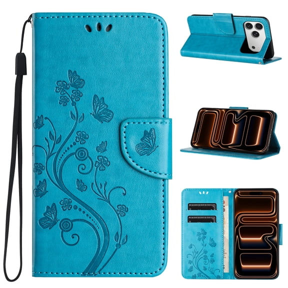 TECH CIRCLE For iPhone 17 Pro Max (6.9", 2025) Flip Wallet Phone Case with Wrist Strap, Includes 2 Card Slots and 1 Cash Pocket, Stylish Embossed Butterfly/Flower PU Leather Protective Case, Blue