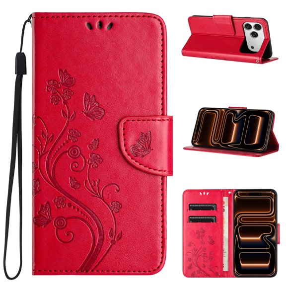 TECH CIRCLE For iPhone 17 Pro Max (6.9", 2025) Flip Wallet Phone Case with Wrist Strap, Includes 2 Card Slots and 1 Cash Pocket, Stylish Embossed Butterfly/Flower PU Leather Protective Case, Red