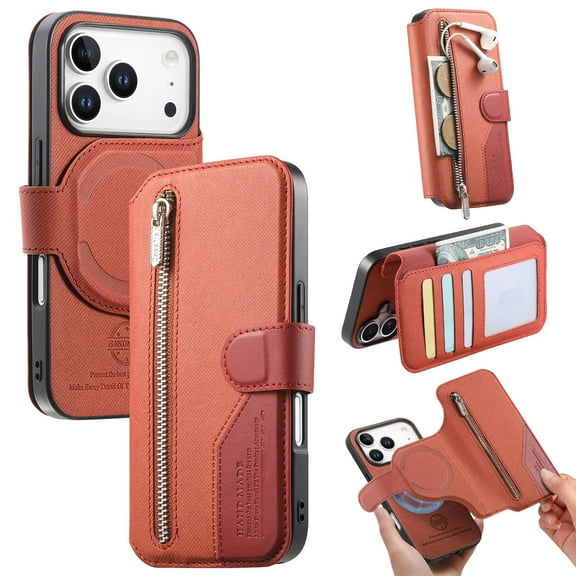 TECH CIRCLE For iPhone 17 Pro Max Case, 2-in-1 Detachable Magnetic Flip Wallet Case with Card Slots/Zipper Pocket, RFID Blocking PU Leather Flip Cover, Compatible with MagSafe, Protective Case, Brown